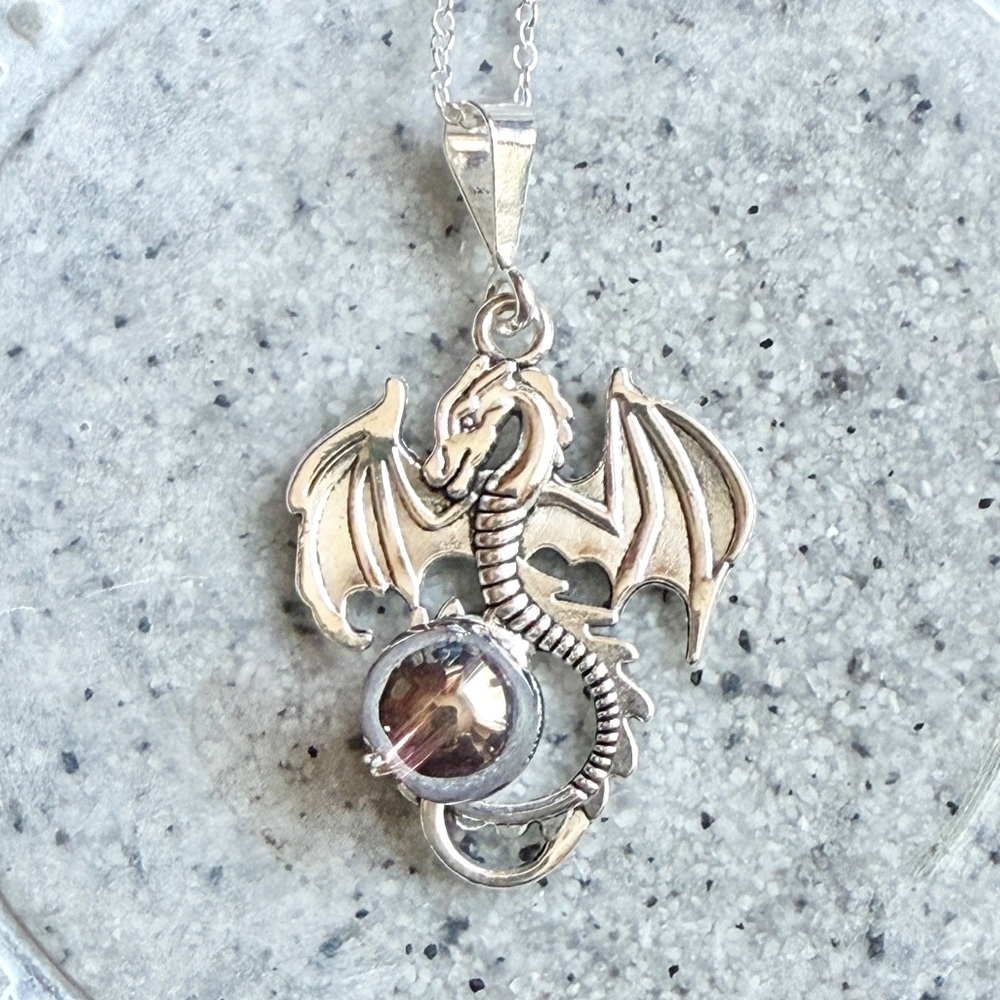 Sterling Silver Dragon Crystal Ball Necklace, Handmade by Wandering Bunny LLC